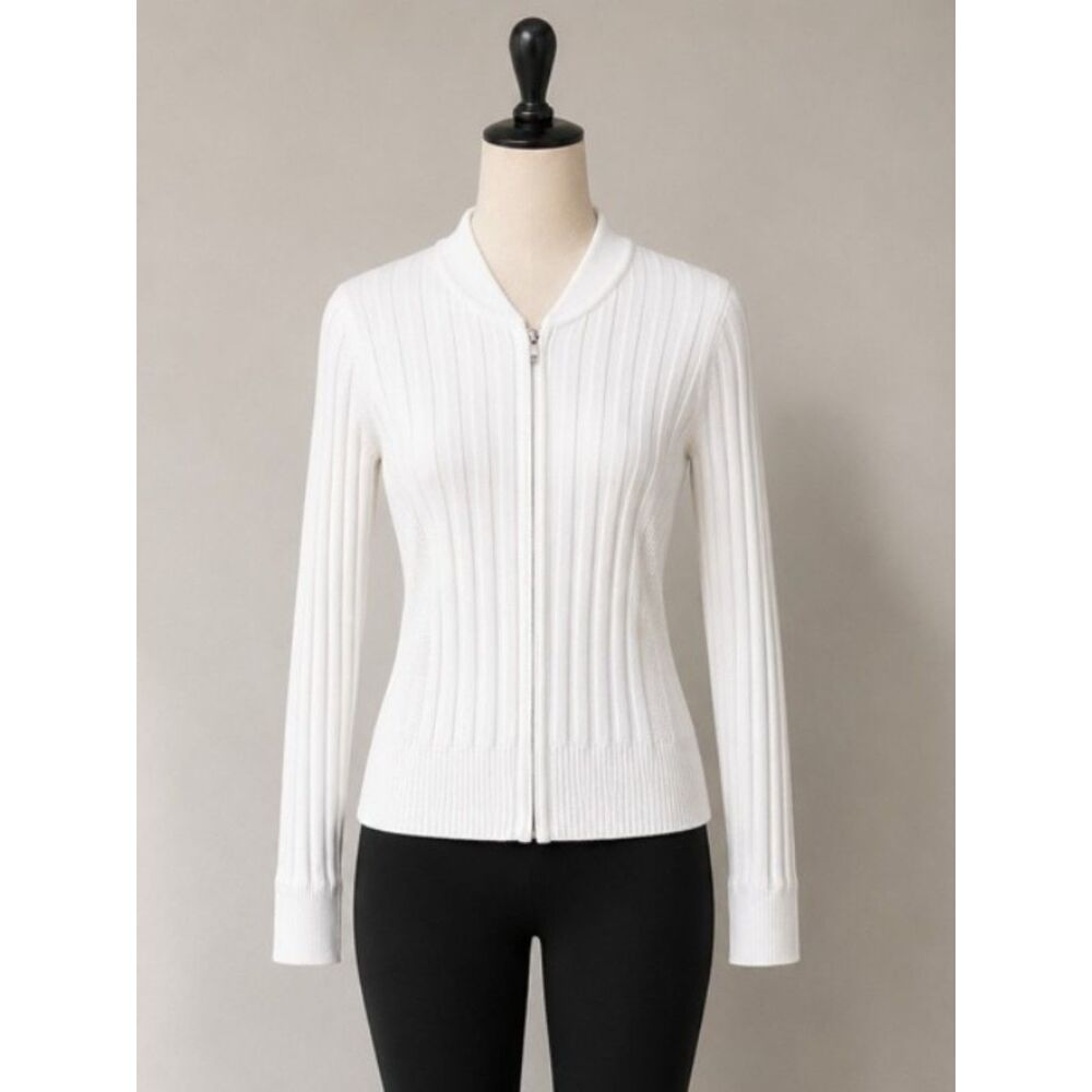 Athleta Fairway White Ribbed Full Zip Cardigan Women XXS Preppy Chic Office